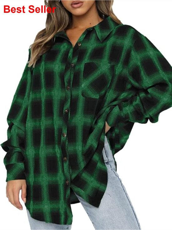 Tops - Oversized Button Down Flannel Shacket Long Sleeve Plaid Blouse Business Casual